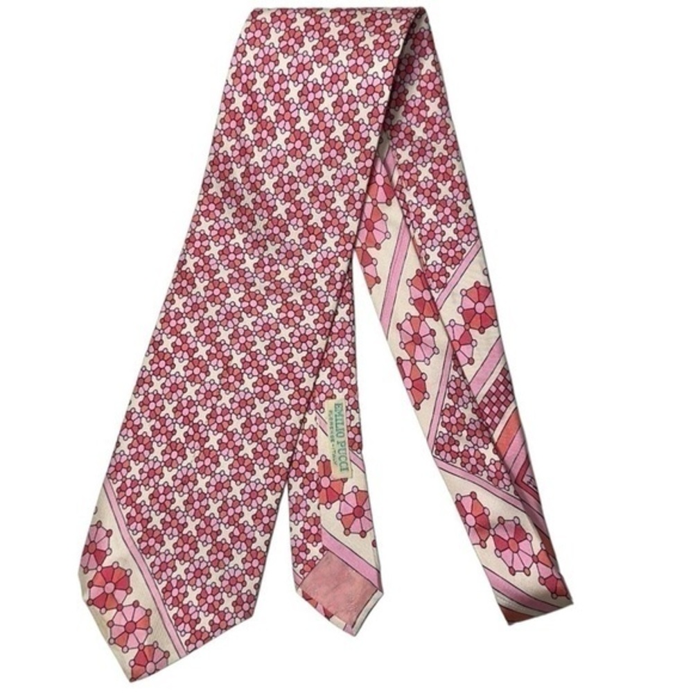 Emilio Pucci Saks Fifth Ave Vintage White Pink Print Silk Italy Necktie Tie